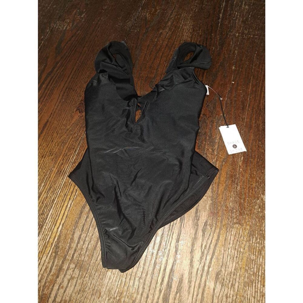 New XS 0/2 Shade & Shore Black Flounce One Piece Swimsuit Bathing Suit Swimwear